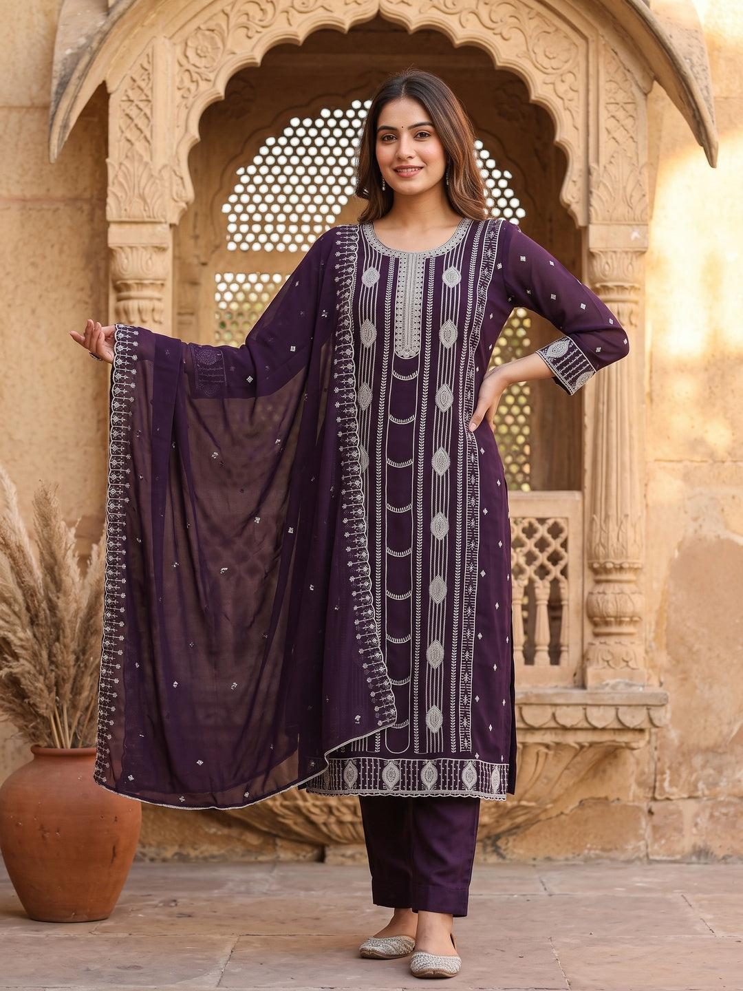 Purple Star Georgette Suit Fabric Highlighted with Fine Thread Embroidery Work - Image 1