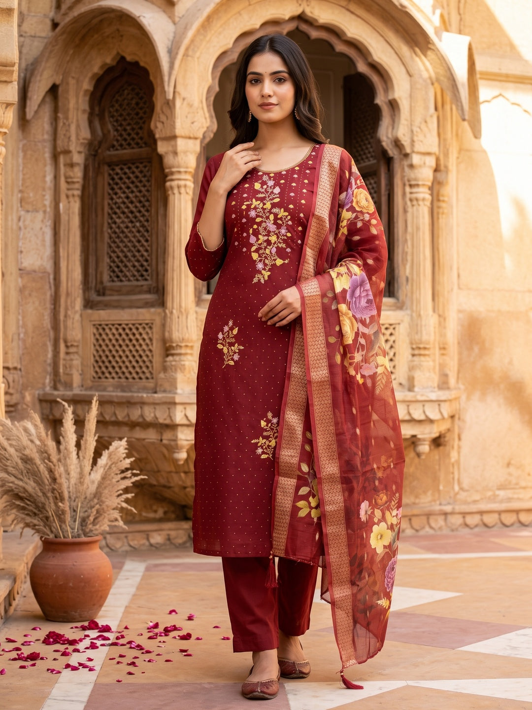 Soft Maroon Cotton Blend Unstitched Suit Material with Delicate Floral Embroidery - Image 1