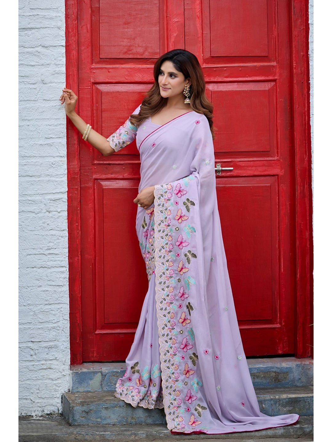 Peachmode Lavender Panel Embroidered Rangoli Silk Saree - Image 2
