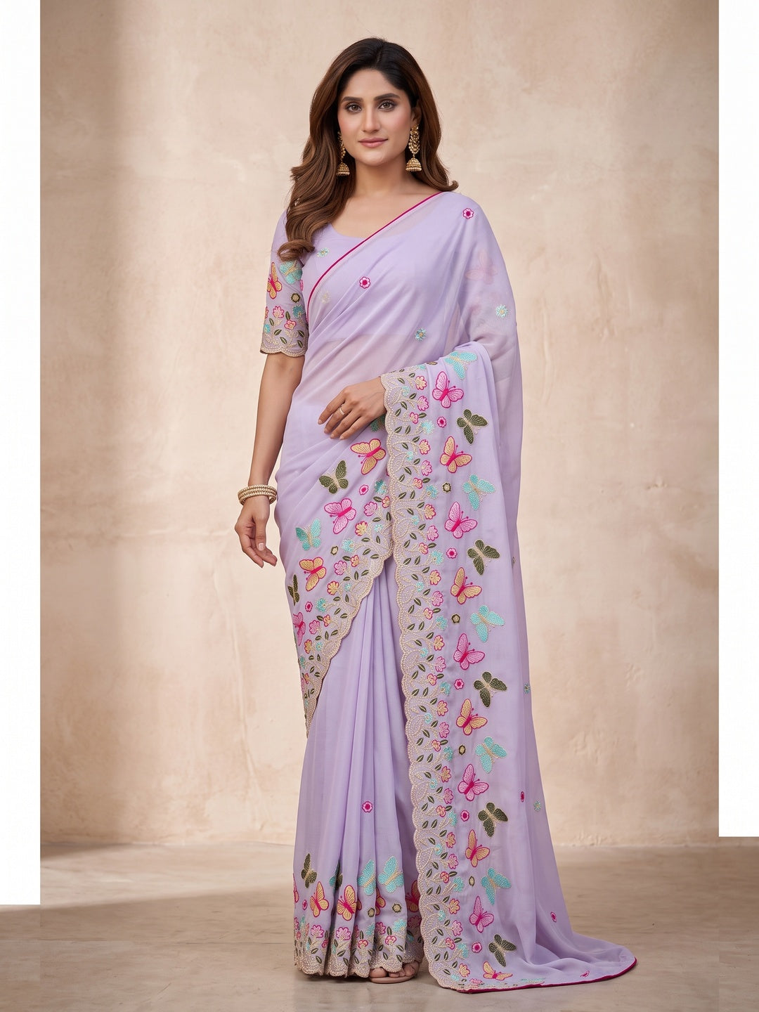 Peachmode Lavender Panel Embroidered Rangoli Silk Saree - Image 4