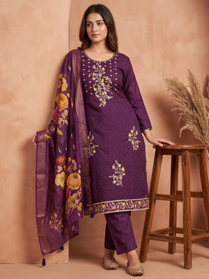 Soft Purple Cotton Blend Unstitched Suit Material with Delicate Floral Embroidery - Image 1