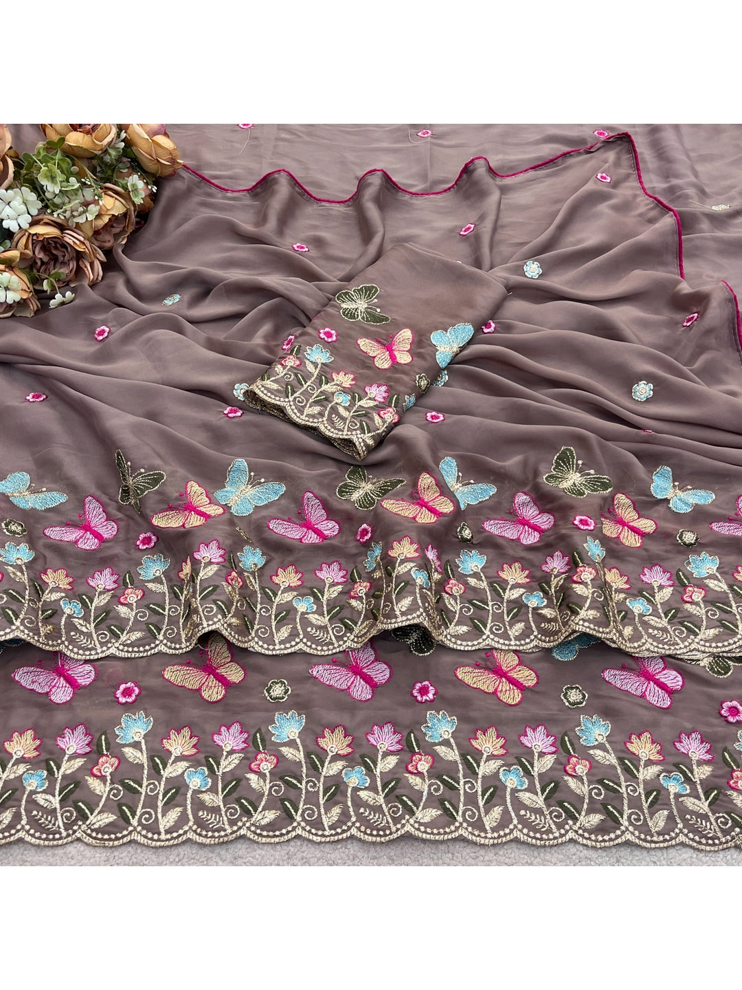 Peachmode Brown Panel Embroidered Rangoli Silk Saree - Image 2