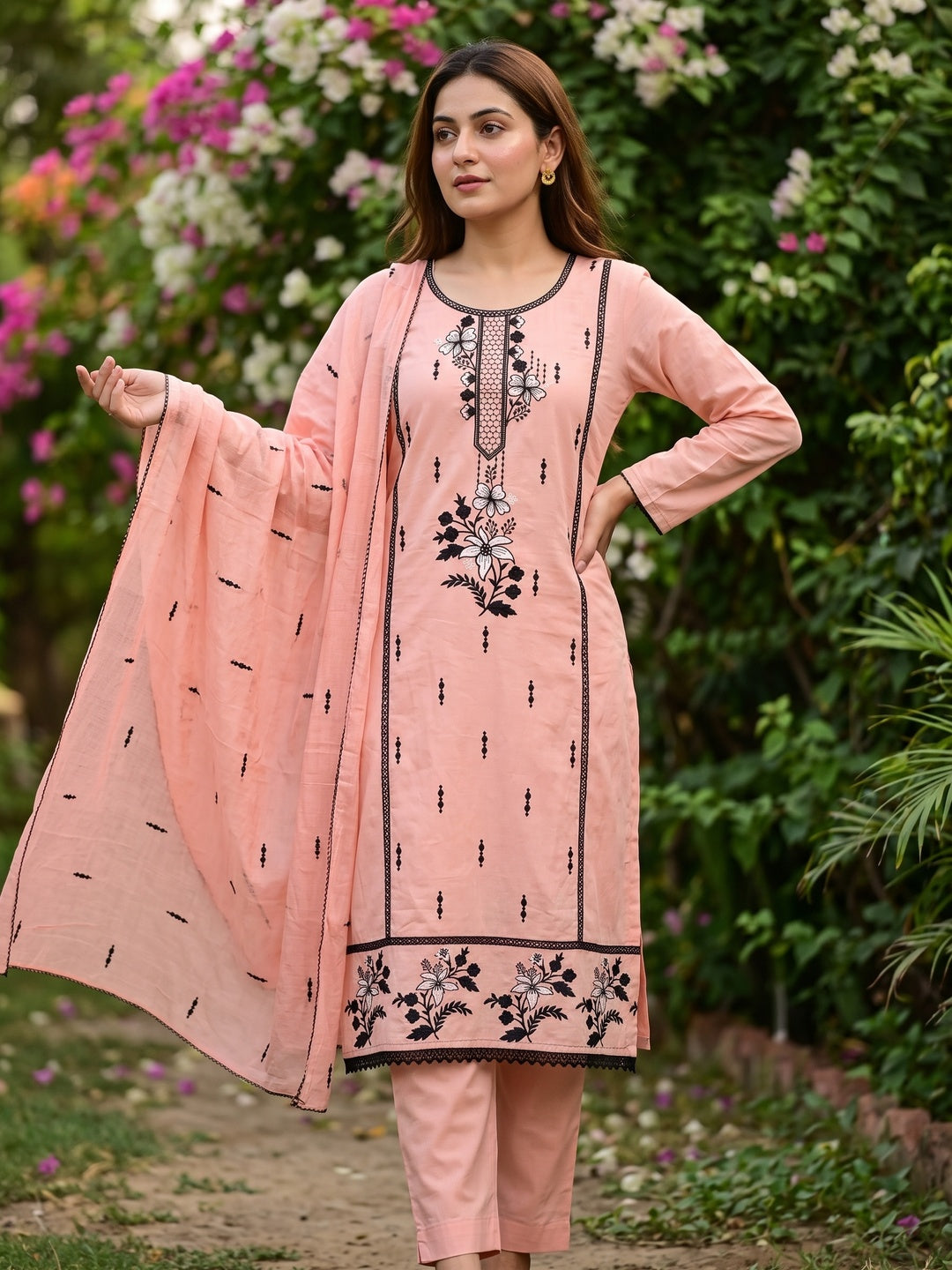 Elegant Peach Cotton Blend Dress Material with Delicate Thread Embroidered Detailing - Image 2