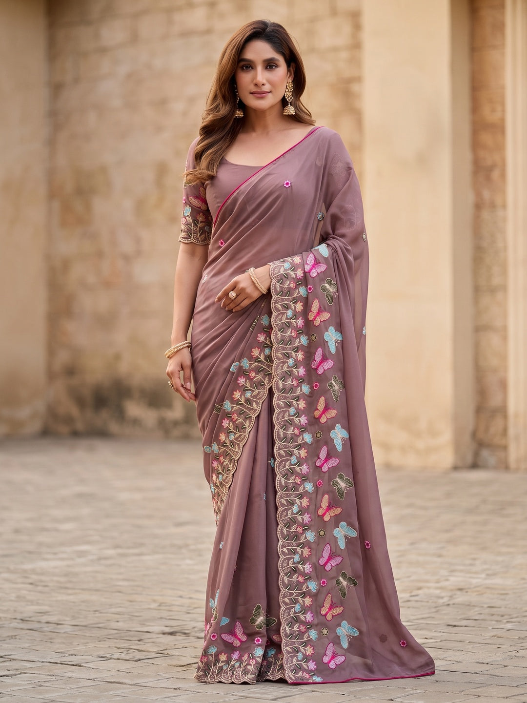 Peachmode Brown Panel Embroidered Rangoli Silk Saree - Image 4