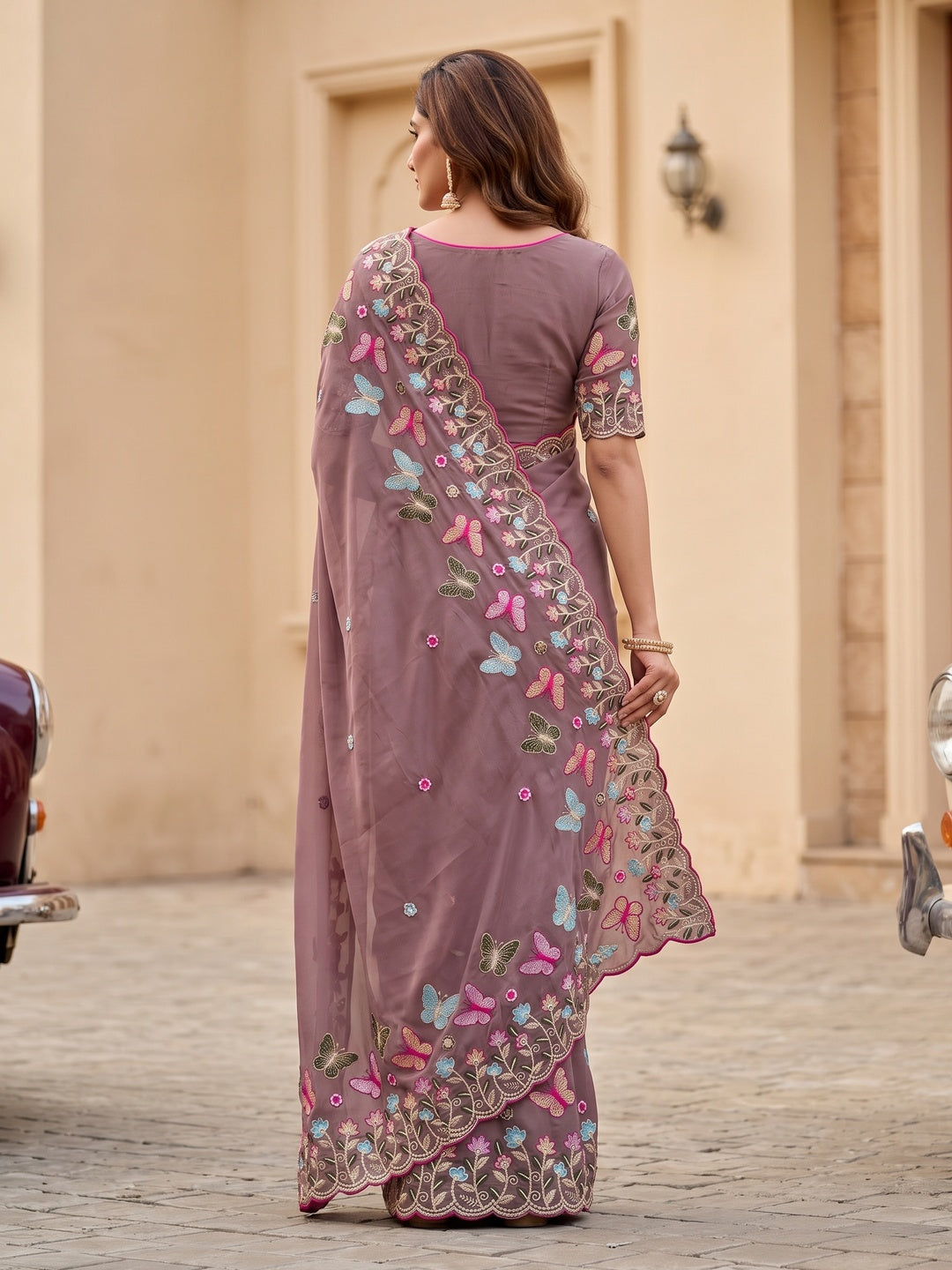 Peachmode Brown Panel Embroidered Rangoli Silk Saree - Image 5