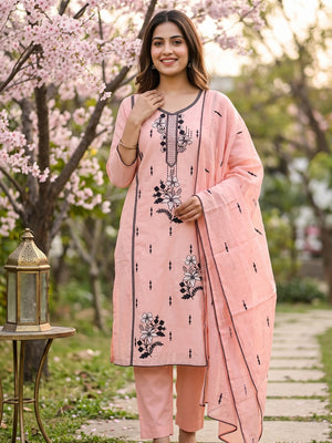 Elegant Peach Cotton Blend Dress Material with Delicate Thread Embroidered Detailing - Image 1