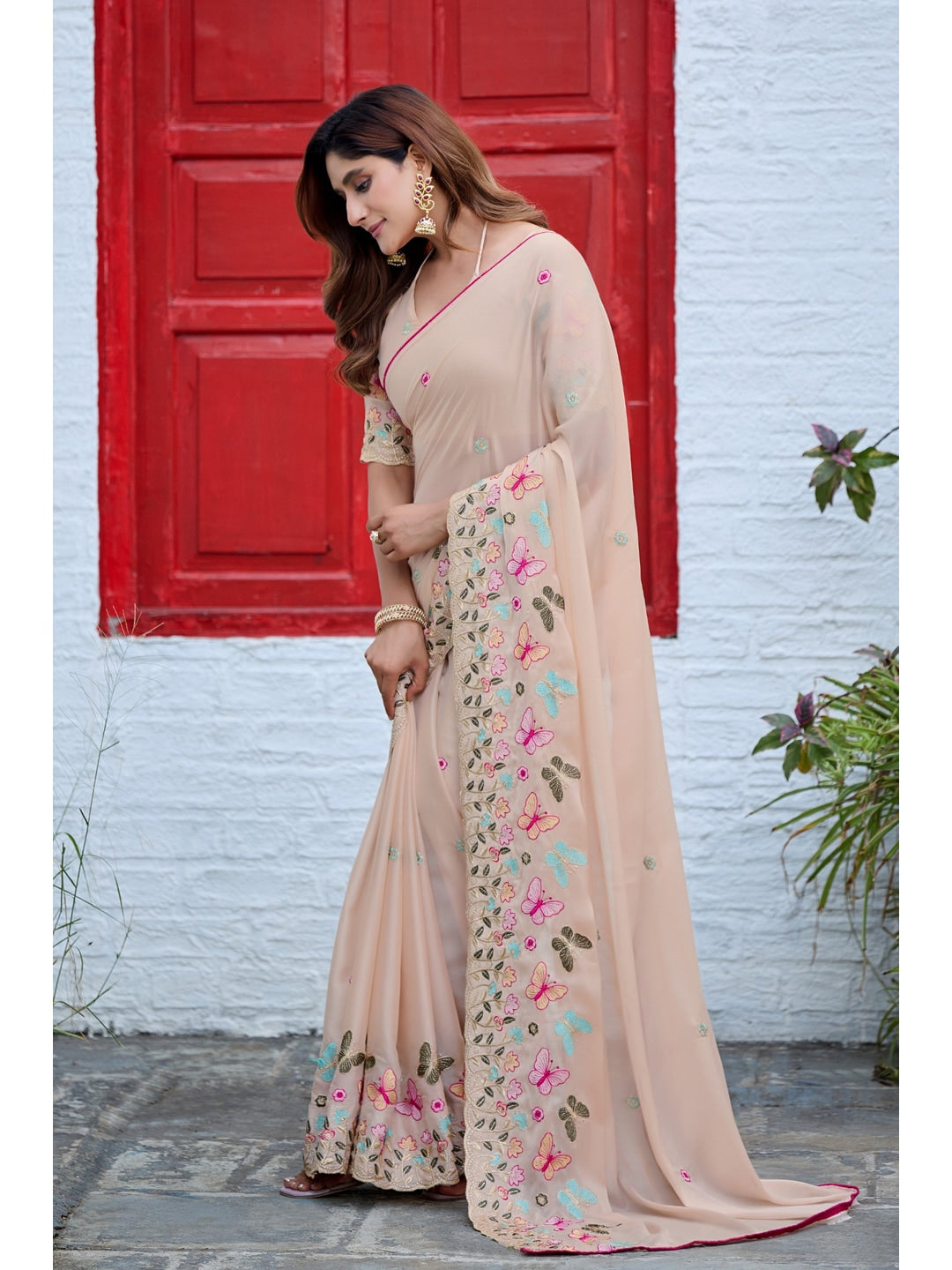 Peachmode Peach Panel Embroidered Rangoli Silk Saree - Image 2