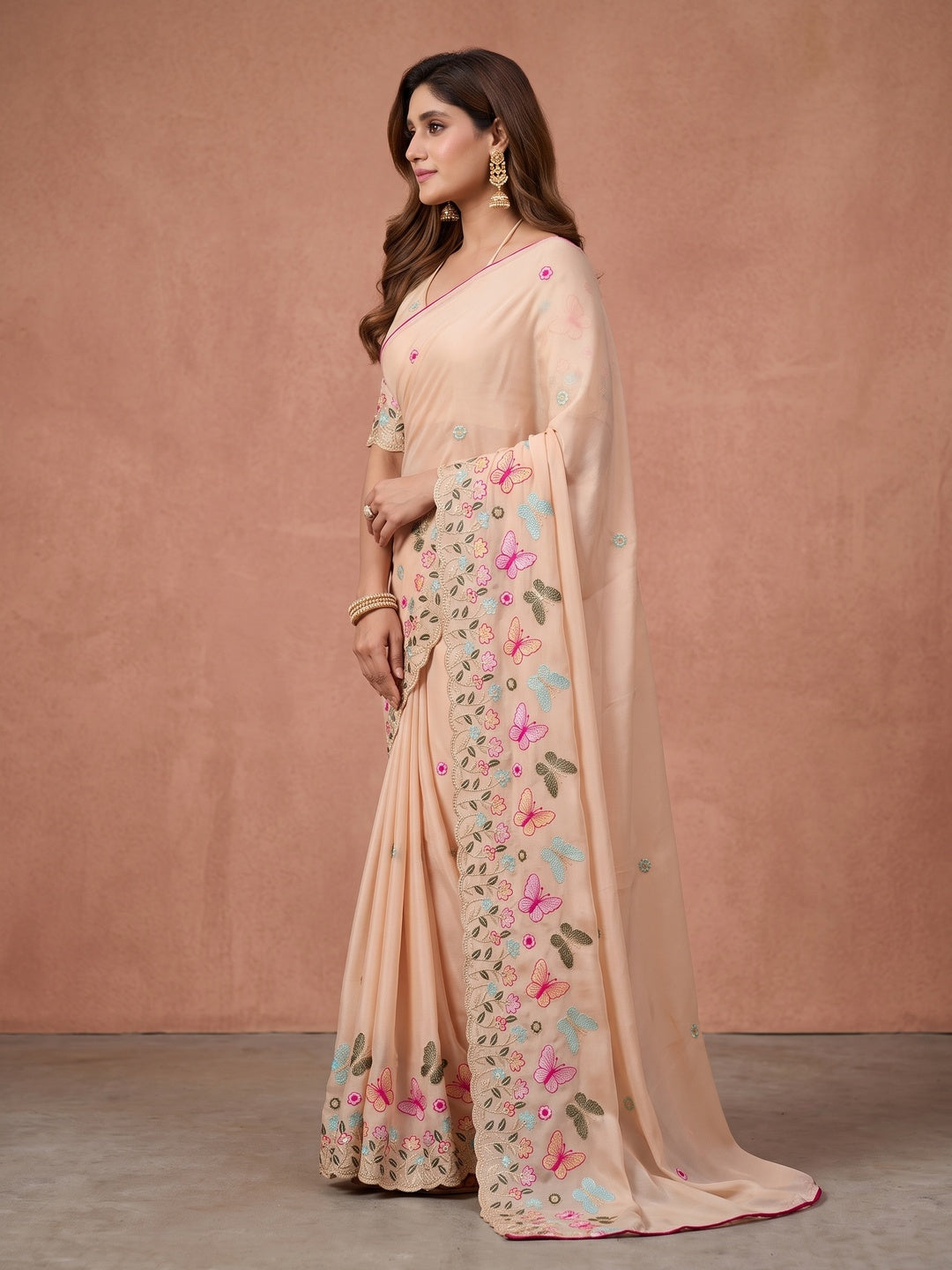 Peachmode Peach Panel Embroidered Rangoli Silk Saree - Image 4
