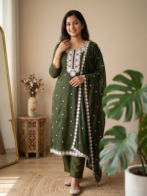 Chic Mehendi Green Floral Thread Embroidered Star Georgette Unstitched Suit Fabric - Image 1