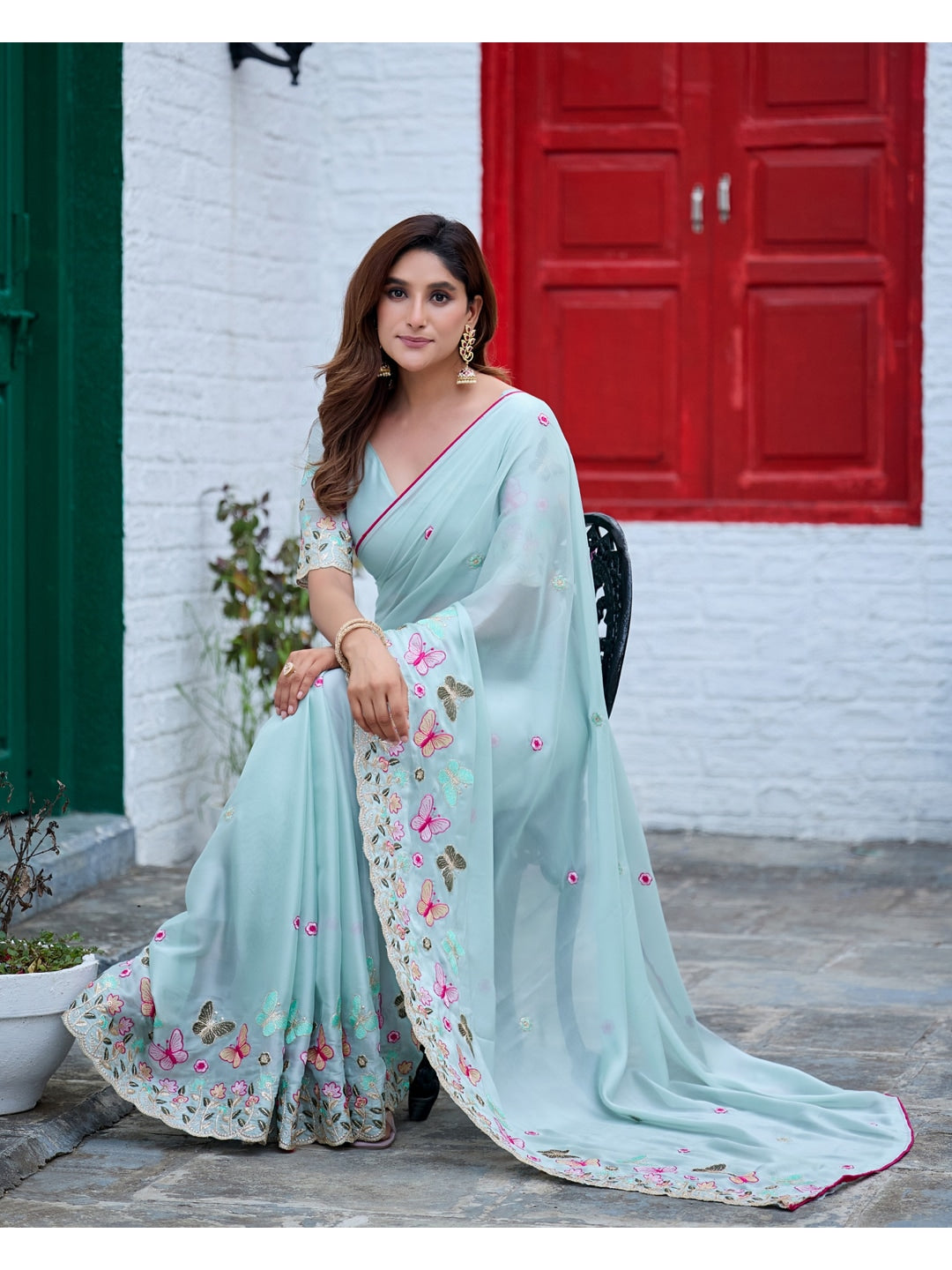 Peachmode Sky Blue Panel Embroidered Rangoli Silk Saree - Image 3