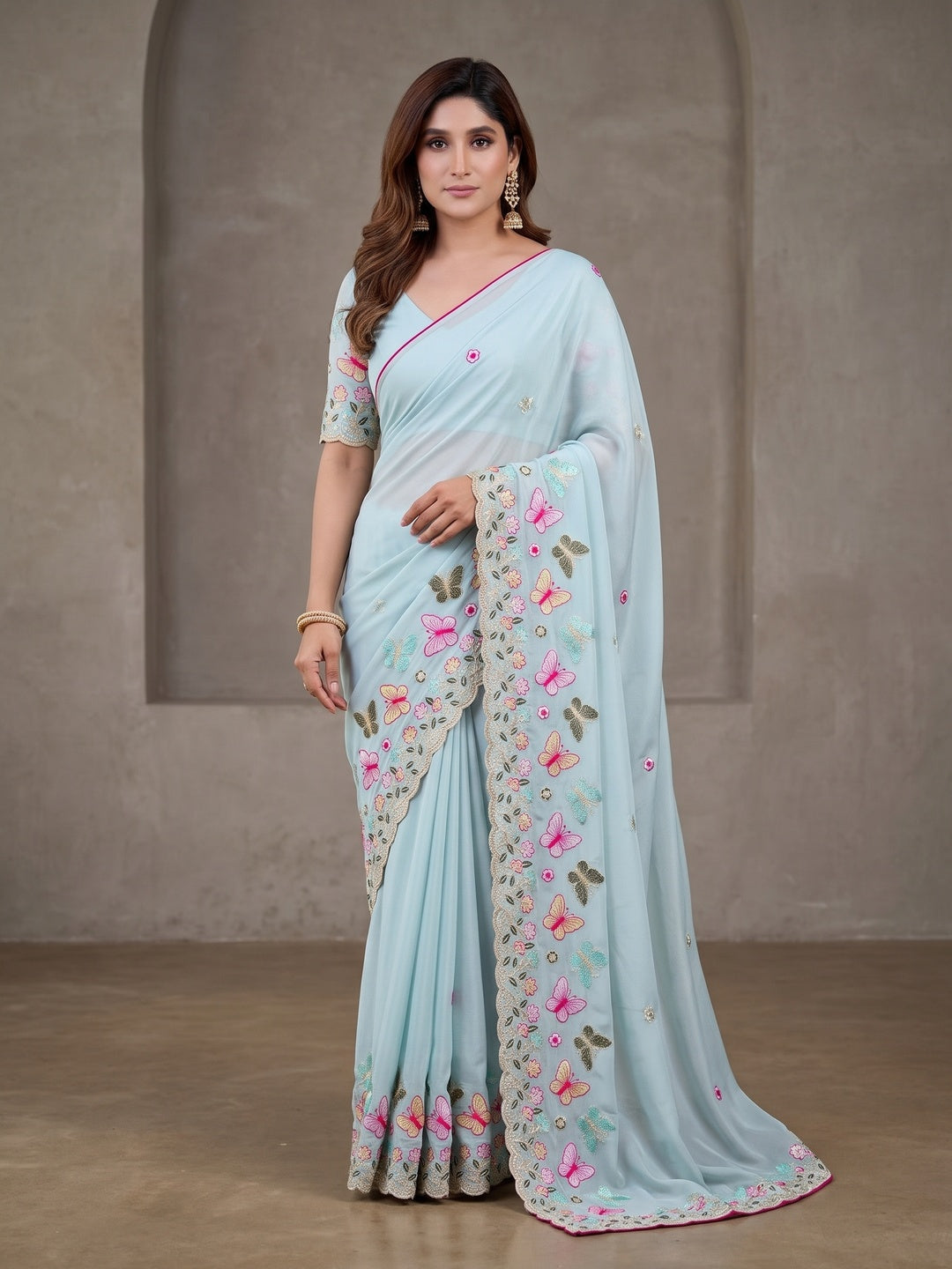 Peachmode Sky Blue Panel Embroidered Rangoli Silk Saree - Image 4
