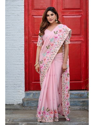 Peachmode Pink Panel Embroidered Rangoli Silk Saree - Image 1