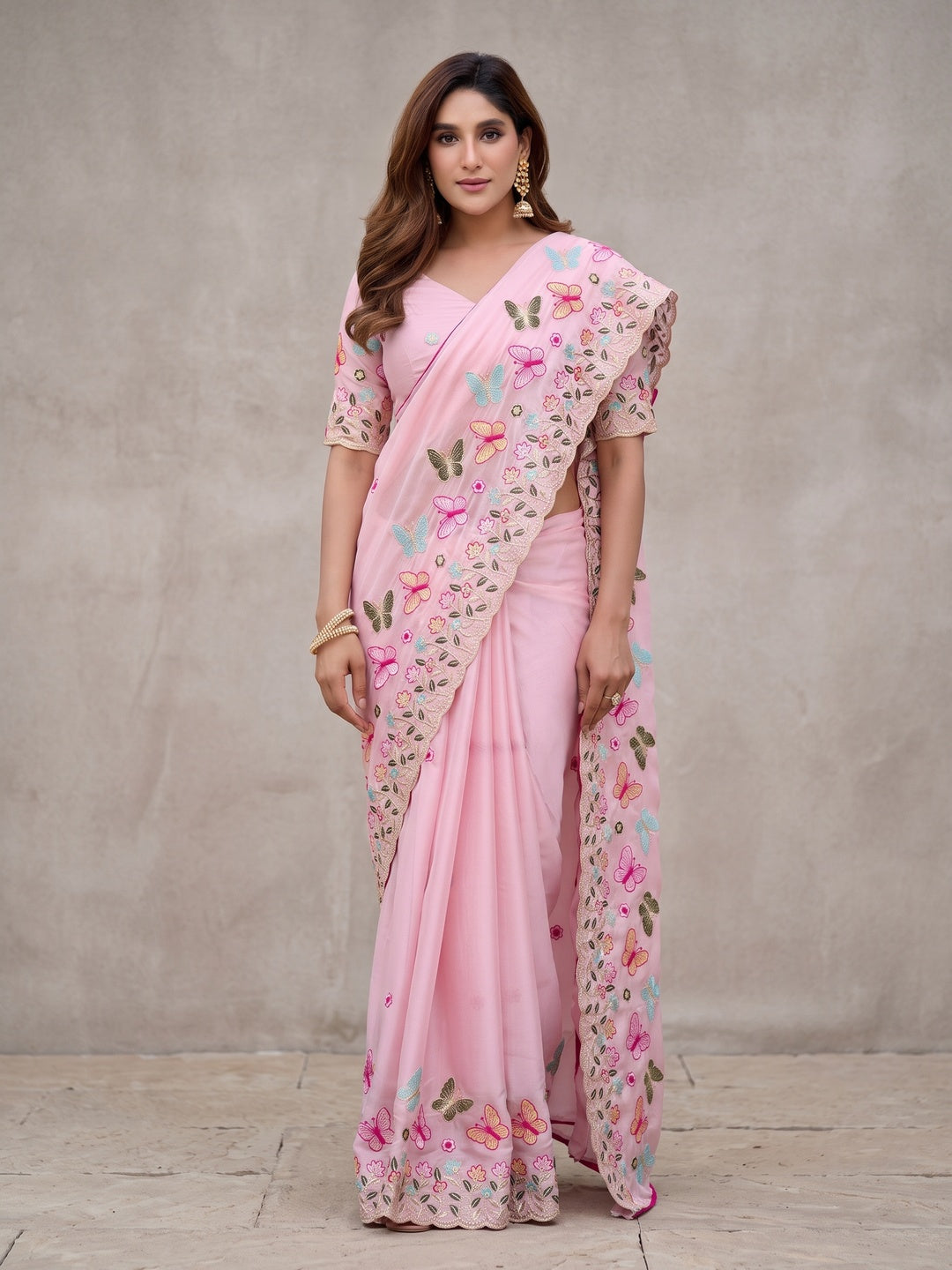 Peachmode Pink Panel Embroidered Rangoli Silk Saree - Image 3