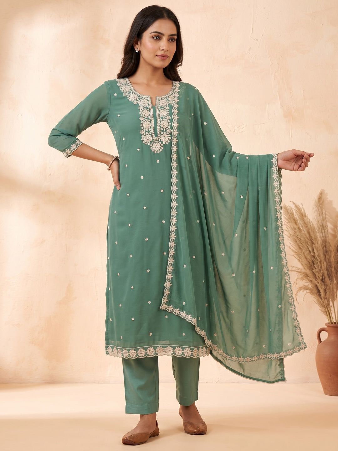 Chic Sea Green Floral Thread Embroidered Star Georgette Unstitched Suit Fabric - Image 1