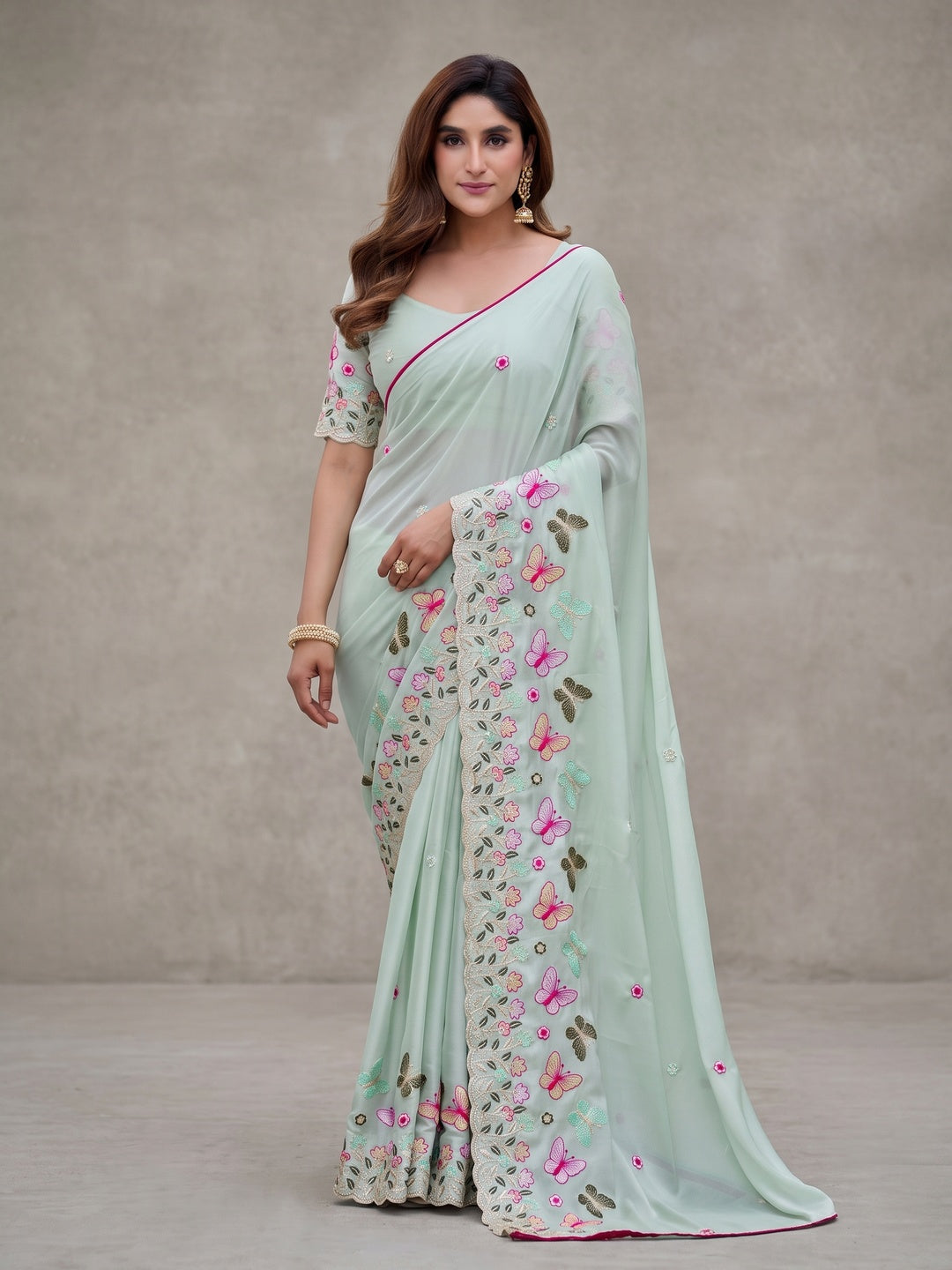 Peachmode Pista Green Panel Embroidered Rangoli Silk Saree - Image 3