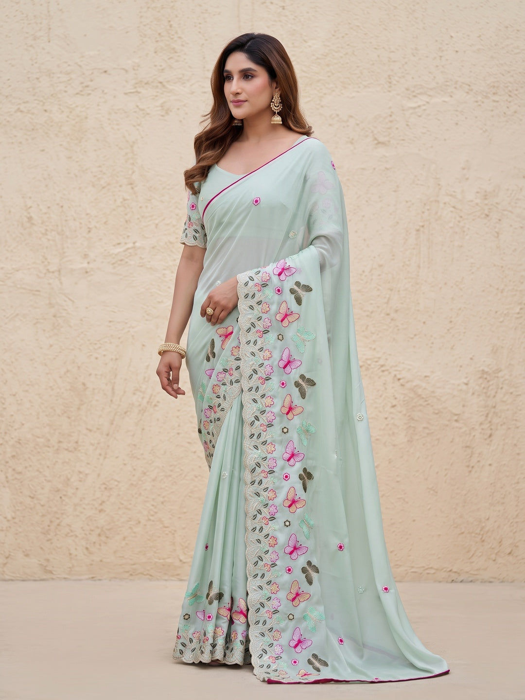 Peachmode Pista Green Panel Embroidered Rangoli Silk Saree - Image 4