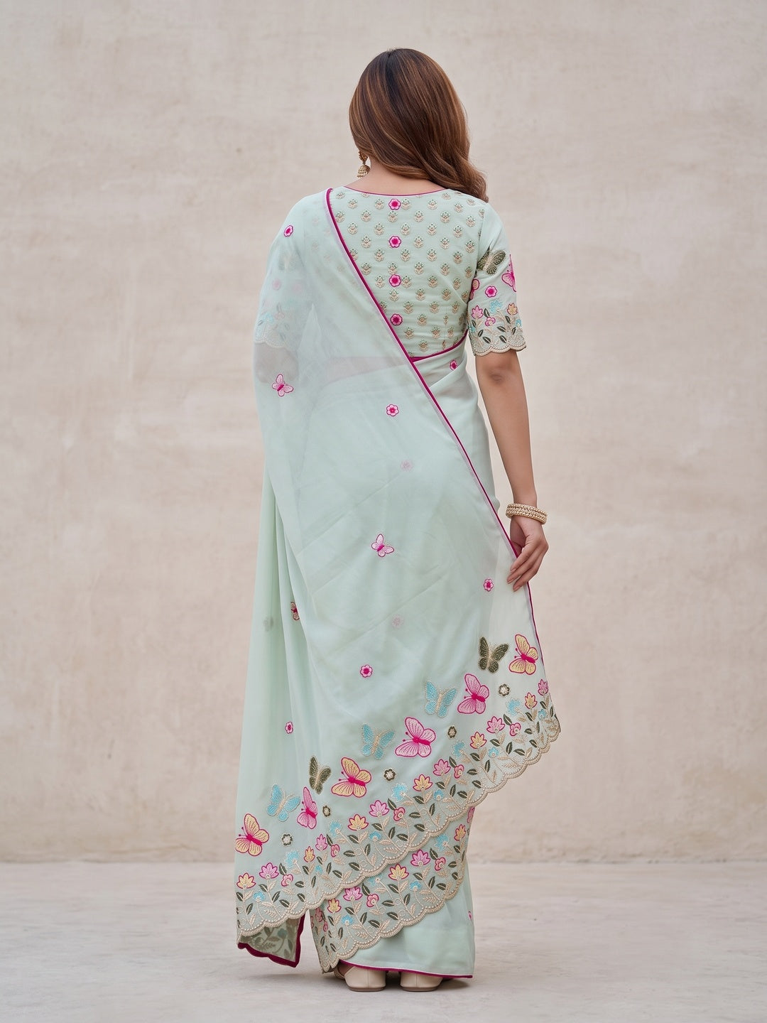 Peachmode Pista Green Panel Embroidered Rangoli Silk Saree - Image 5