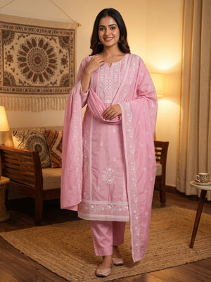 Light Pink Unstitched Suit Material in Luxurious Cotton Silk with Exquisite Floral Embroidery - Image 1