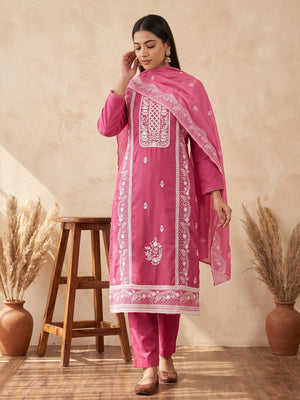 Dark Pink Unstitched Suit Material in Luxurious Cotton Silk with Exquisite Floral Embroidery - Image 1