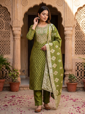 Green Embroidered Shimmer Fabric with Beautiful Zari Work for Unstitched Suits - Image 1