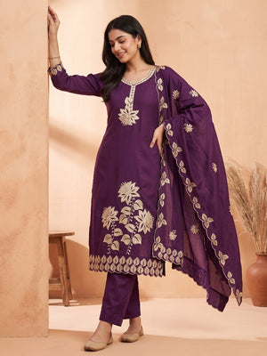 Classic Purple Heavy Embroidered Cotton Blend Dress Material With Floral Thread Detailing - Image 1