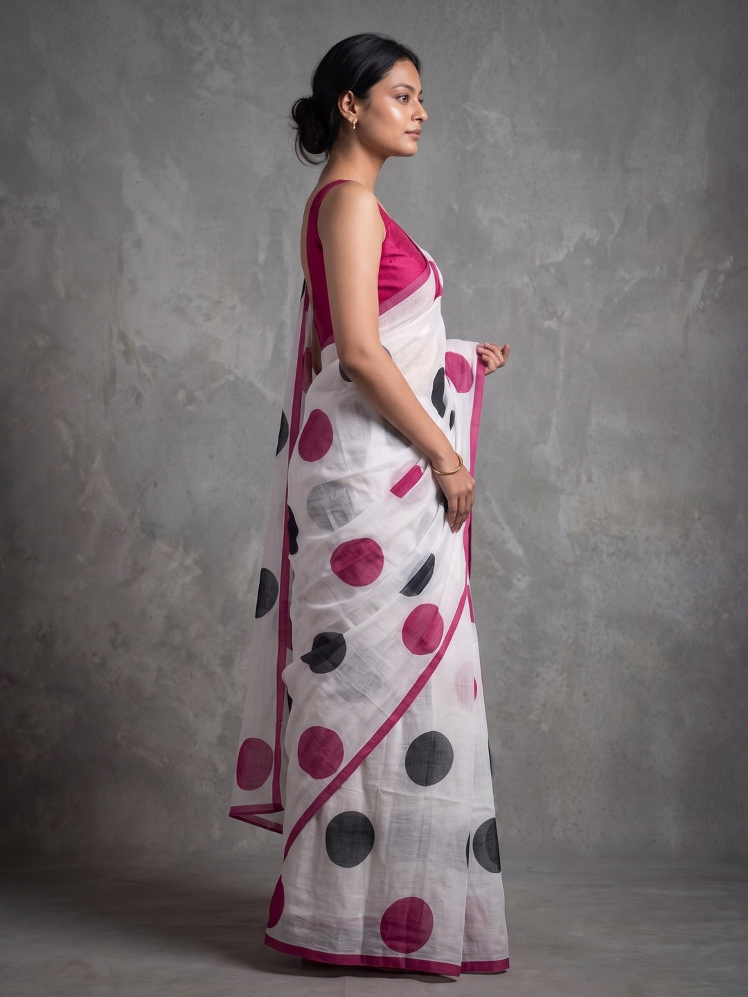 White Polka Dot Printed Linen Saree - Image 2
