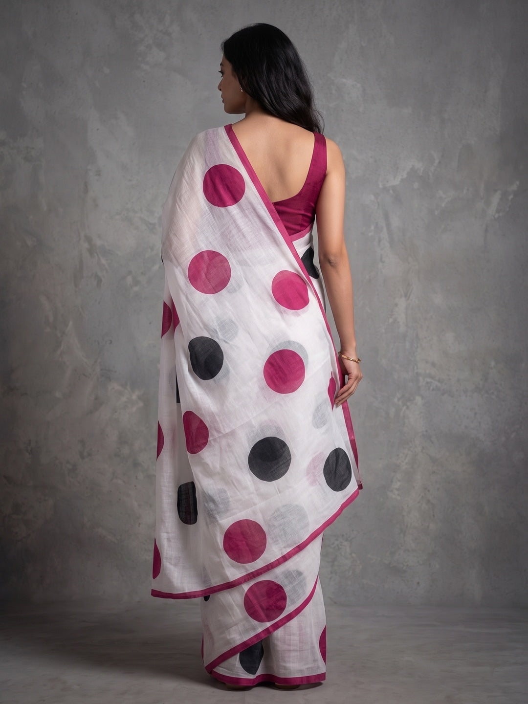 White Polka Dot Printed Linen Saree - Image 3