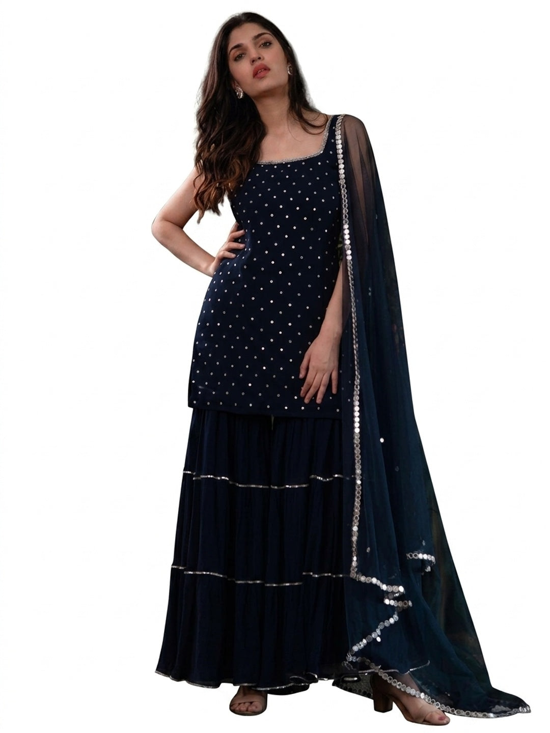 Navy Blue Embroidered Georgette Sharara Suit - Image 1