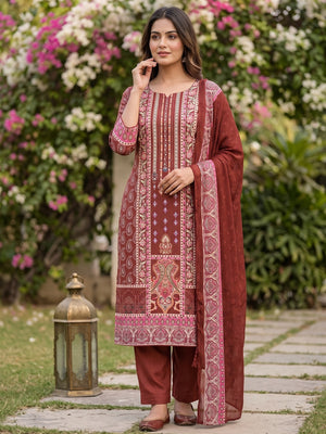 Rust Paisley & Floral Digital Printed Rayon Dress Material With Intricate Mirror Work - Image 1