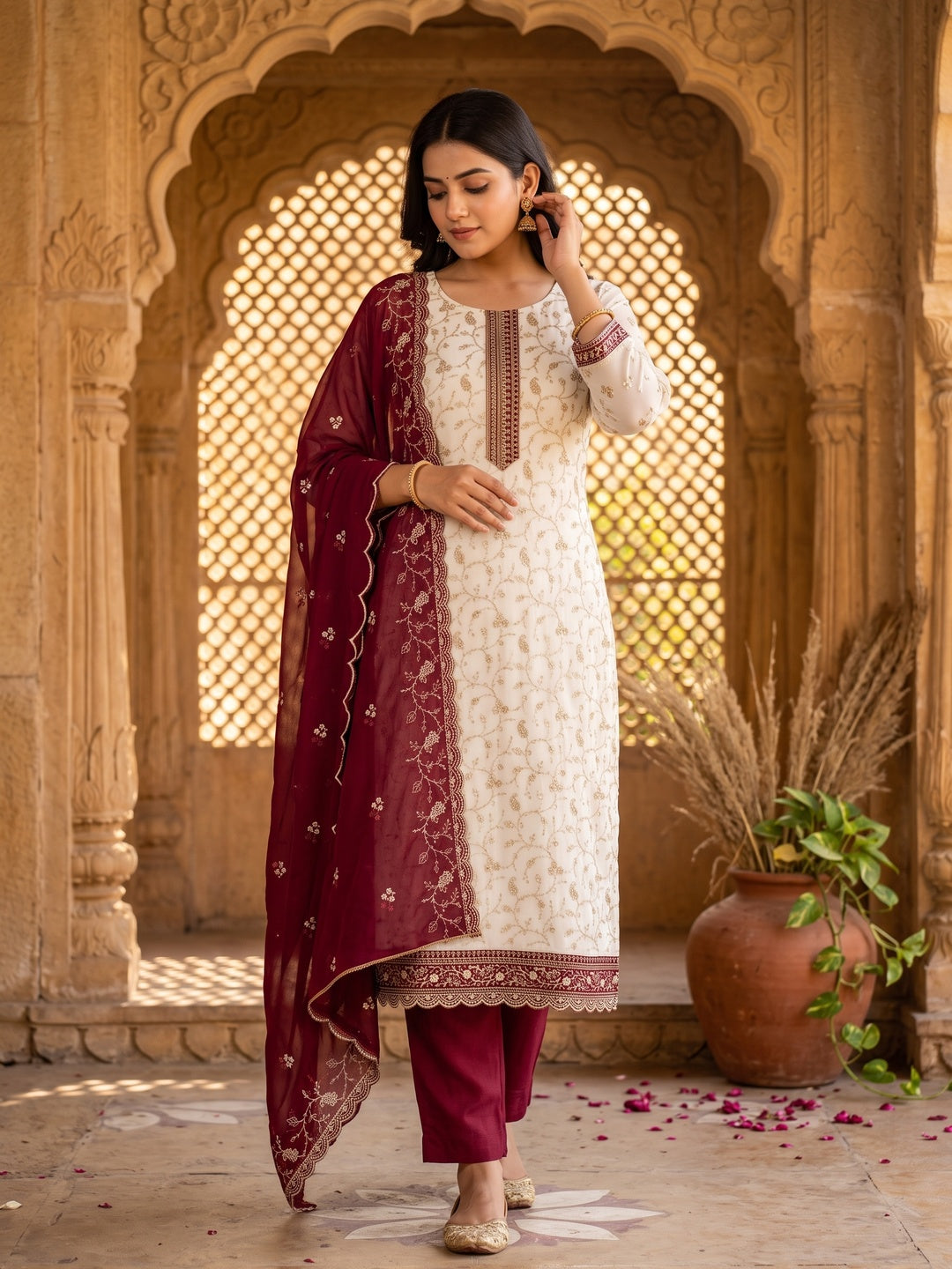 White & Pink Georgette Dress Material Showcasing Elegant Floral Thread Embroidery Work - Image 1
