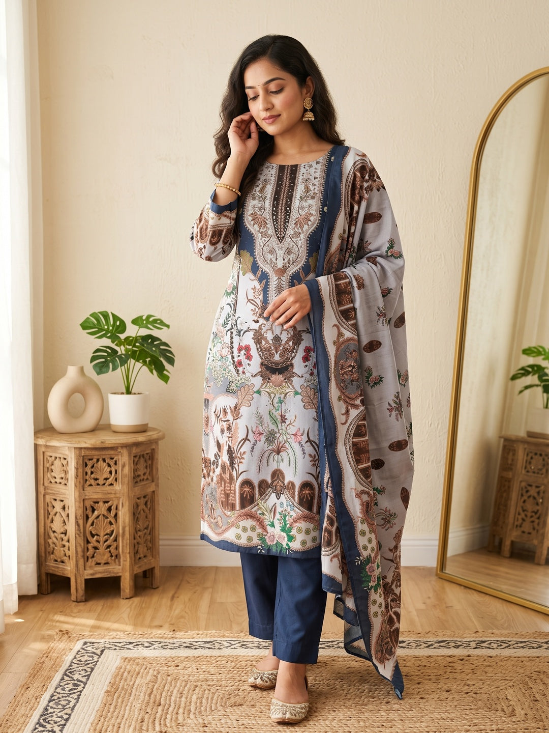 Grey Floral Digital Printed Muslin Dress Material Enhanced With Shimmering Swarovski Work - Image 1