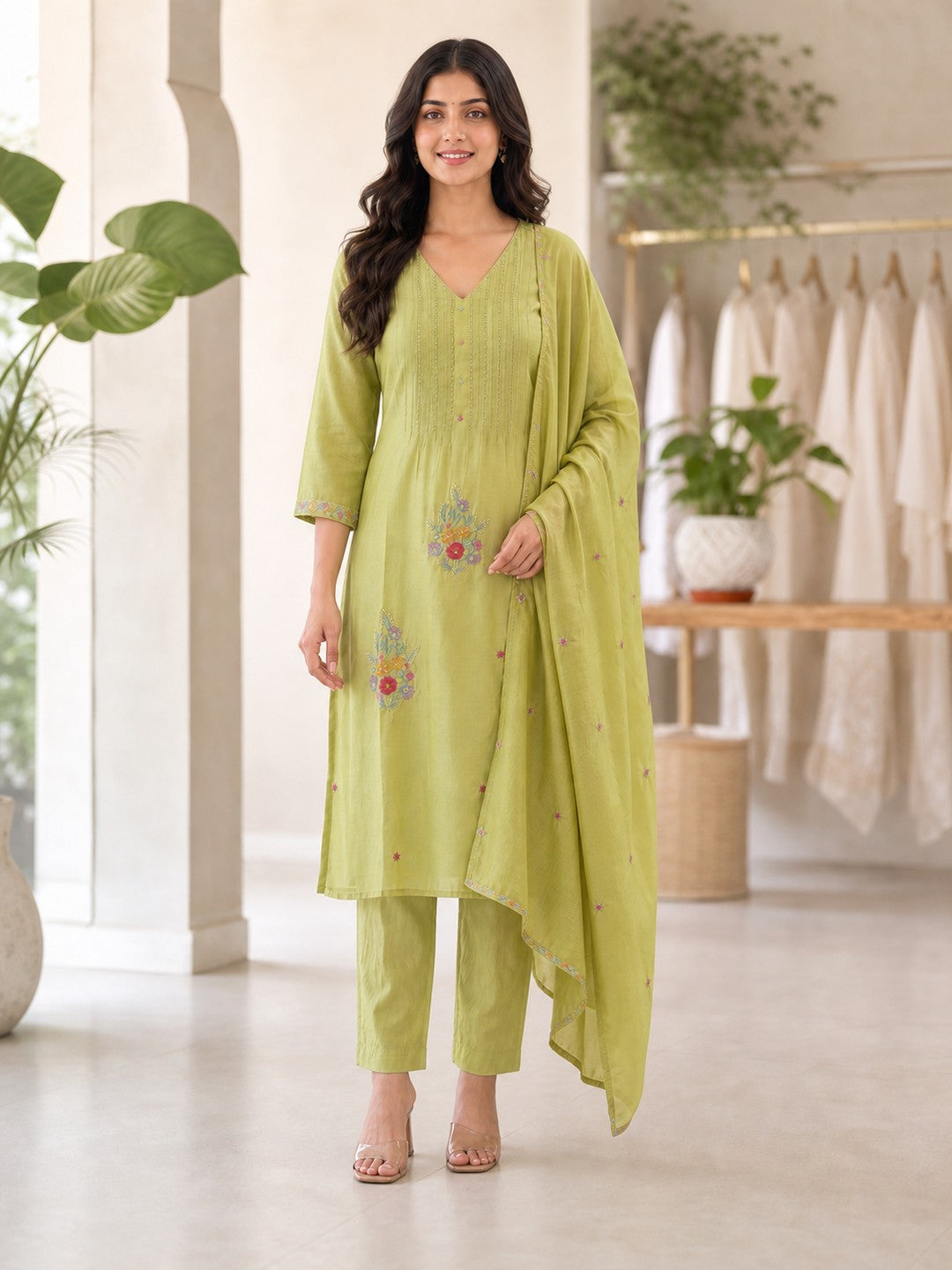Green Chanderi Silk Floral Embroidered Salwar Suit Set - Image 2