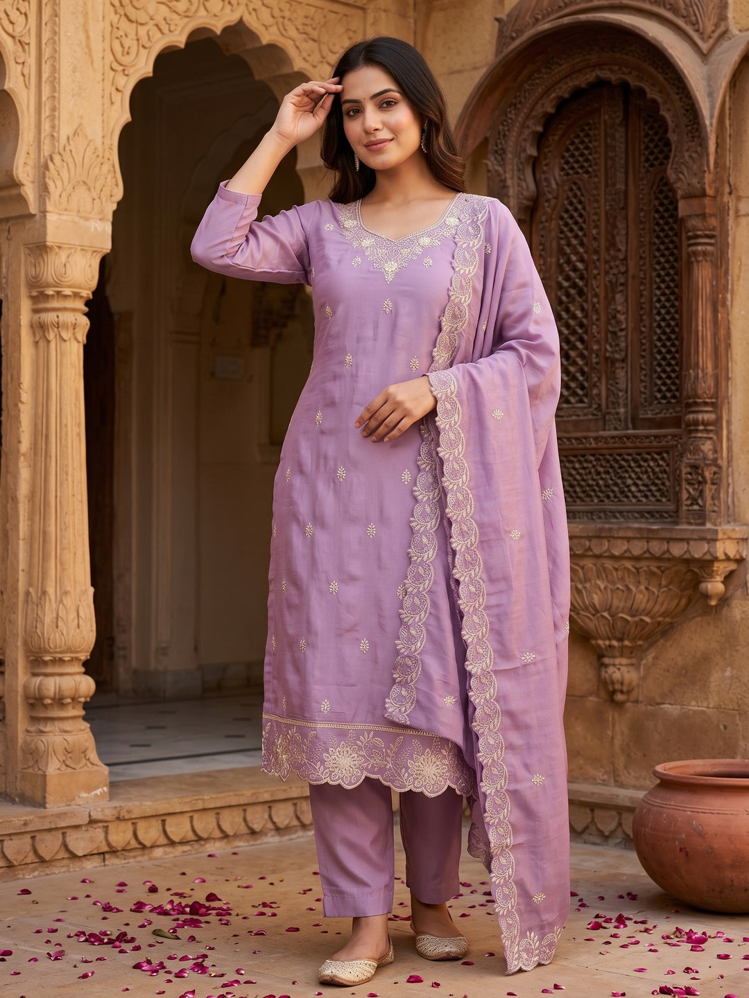 Graceful Lavender Floral Embroidered Vichitra Silk Dress Material Enhanced With Diamond Work - Image 1