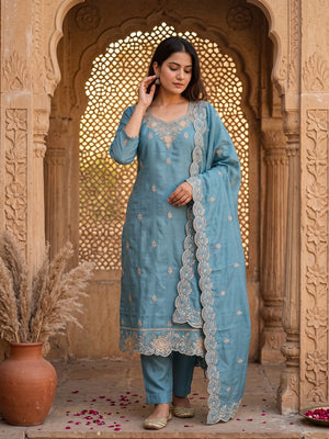 Graceful Blue Floral Embroidered Vichitra Silk Dress Material Enhanced With Diamond Work - Image 1