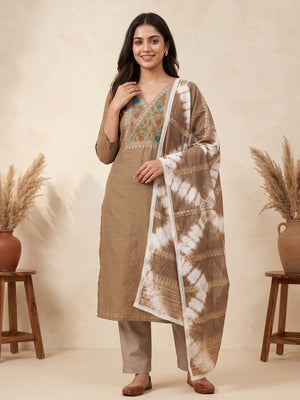 Opulent Grace Brown Cotton Blend Dress Material Adorned With Floral Thread & Sequins Work - Image 1