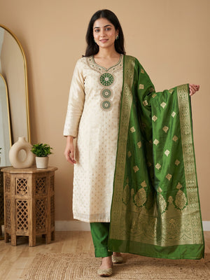 Cream & Green Shimmer Dress Material Featuring Intricate Zari Weaving With Cording Embroidery - Image 1