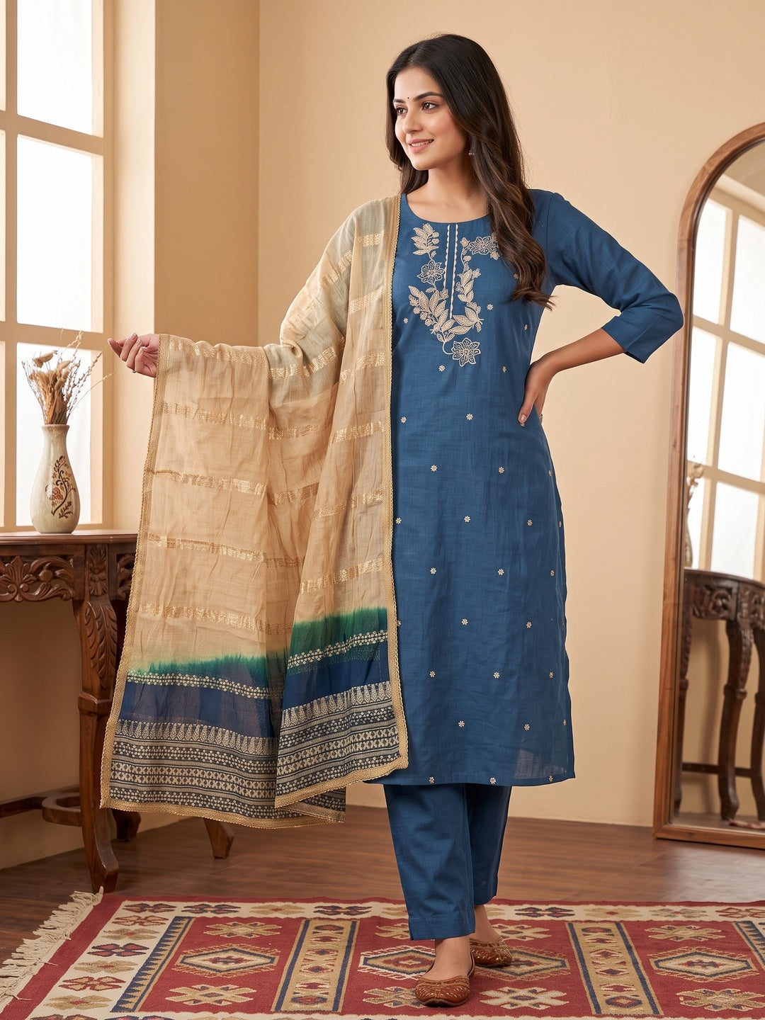 Blue Cotton Blend Dress Material Adorned With Elegant Floral Embroidery & Sequins Detailing - Image 1