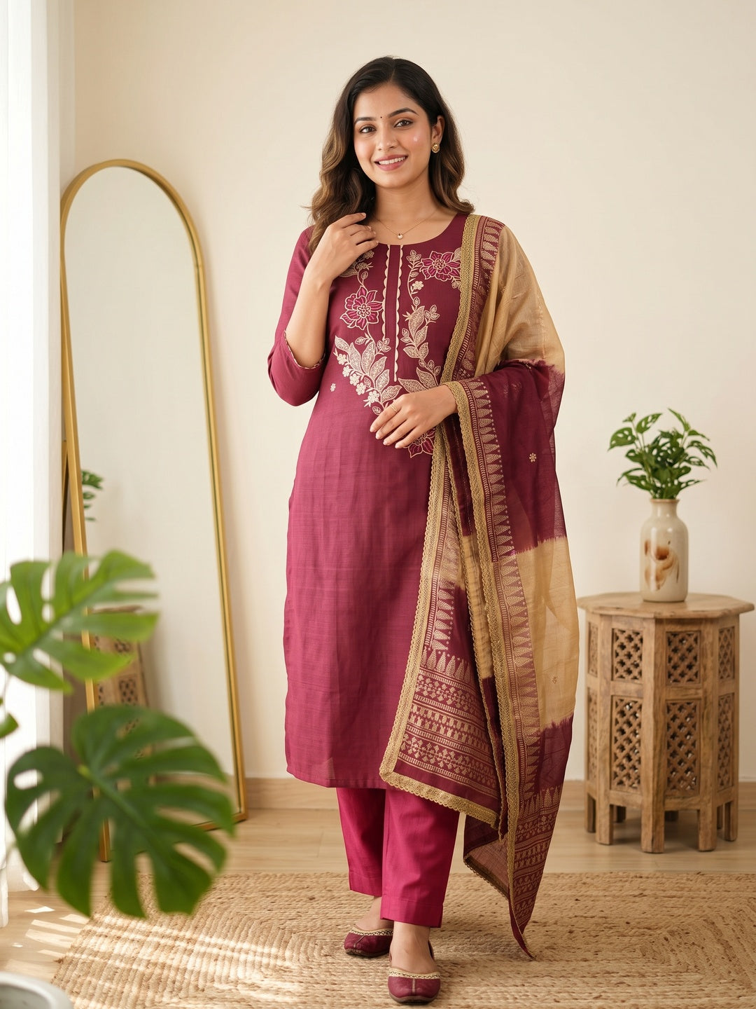Maroon Cotton Blend Dress Material Adorned With Elegant Floral Embroidery & Sequins Detailing - Image 2