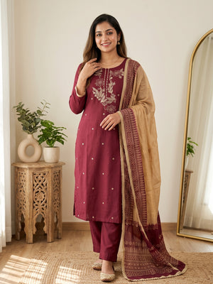 Maroon Cotton Blend Dress Material Adorned With Elegant Floral Embroidery & Sequins Detailing - Image 1