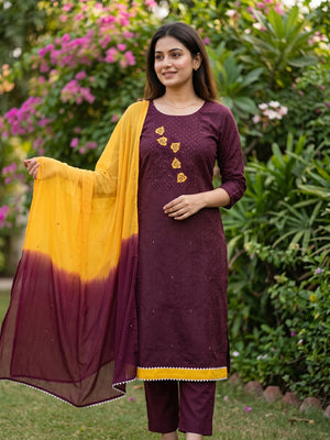 Wine Cotton Blend Dress Material Featuring Thread Embroidery & Sequins Embellishment - Image 1