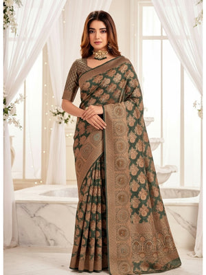 Peachmode Dark Green Zari Woven Banarasi Silk Blend Saree - Image 1