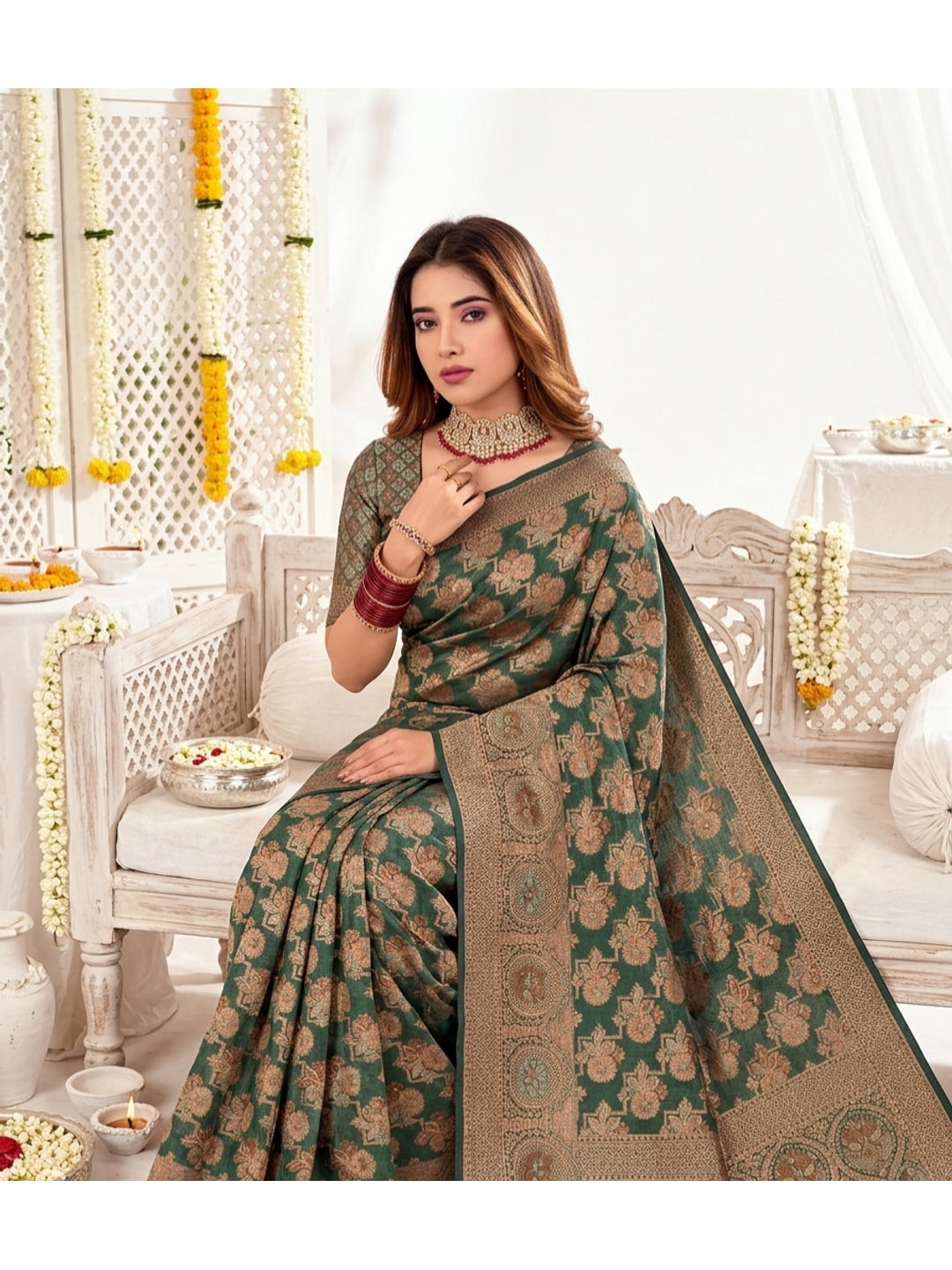 Peachmode Dark Green Zari Woven Banarasi Silk Blend Saree - Image 3