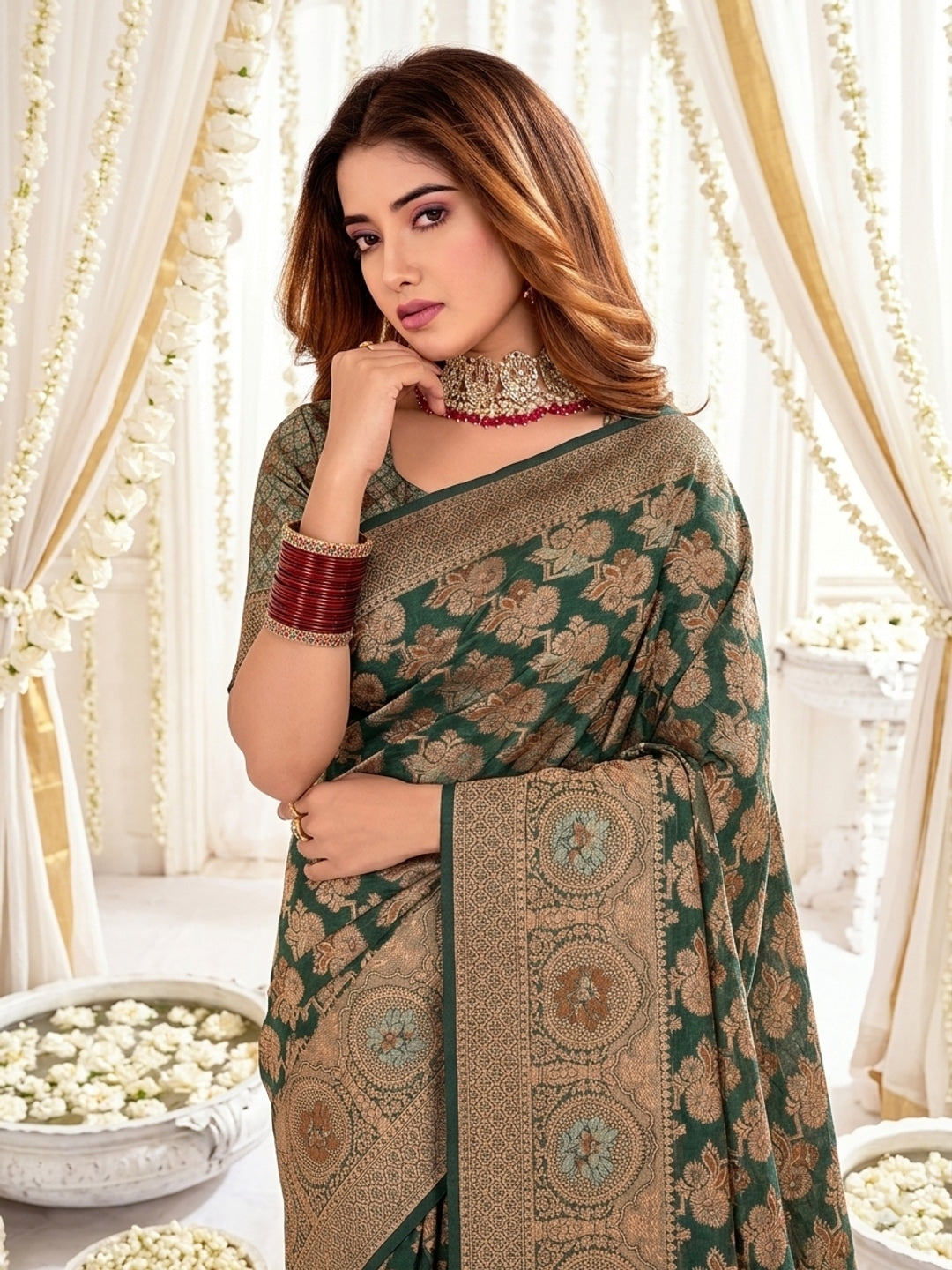 Peachmode Dark Green Zari Woven Banarasi Silk Blend Saree - Image 5