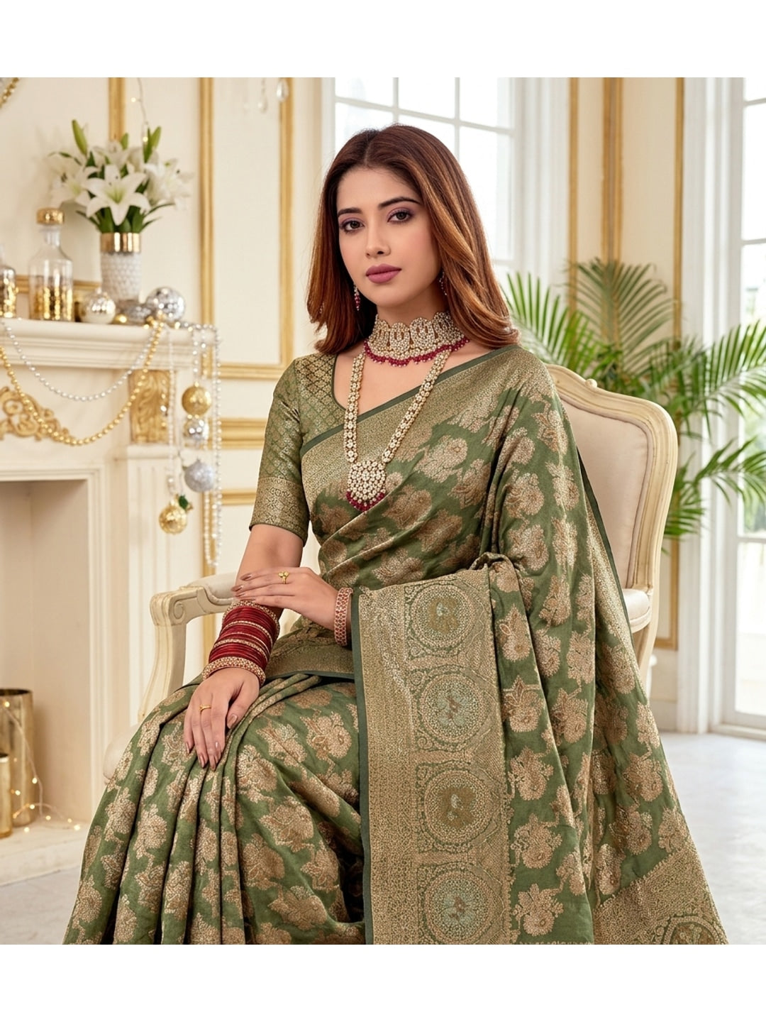 Peachmode Olive Green Zari Woven Banarasi Silk Blend Saree - Image 5
