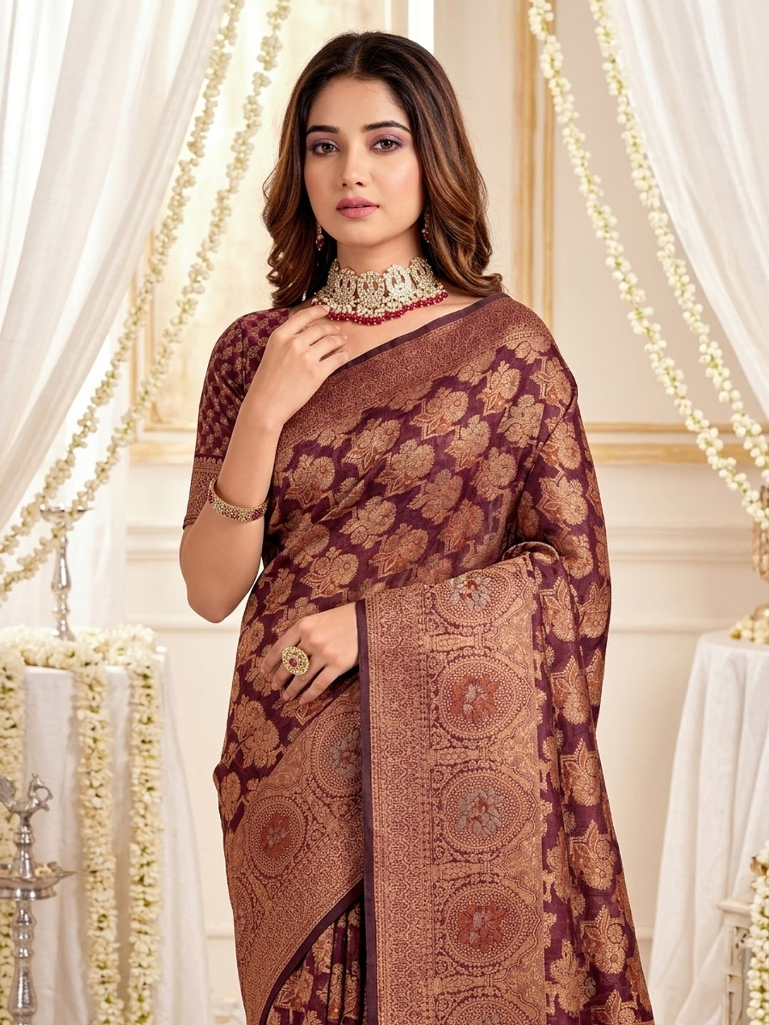 Peachmode Red Zari Woven Banarasi Silk Blend Saree - Image 4
