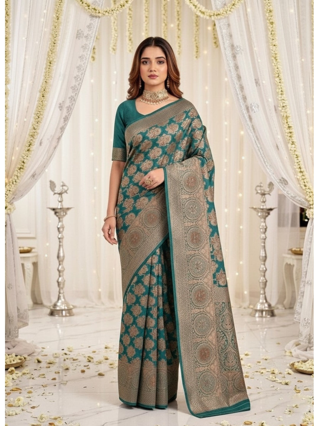 Peachmode Blue Zari Woven Banarasi Silk Blend Saree - Image 1