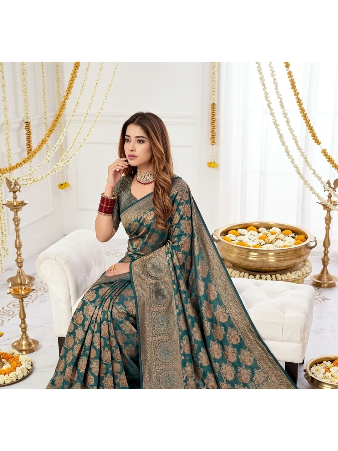 Peachmode Blue Zari Woven Banarasi Silk Blend Saree - Image 3