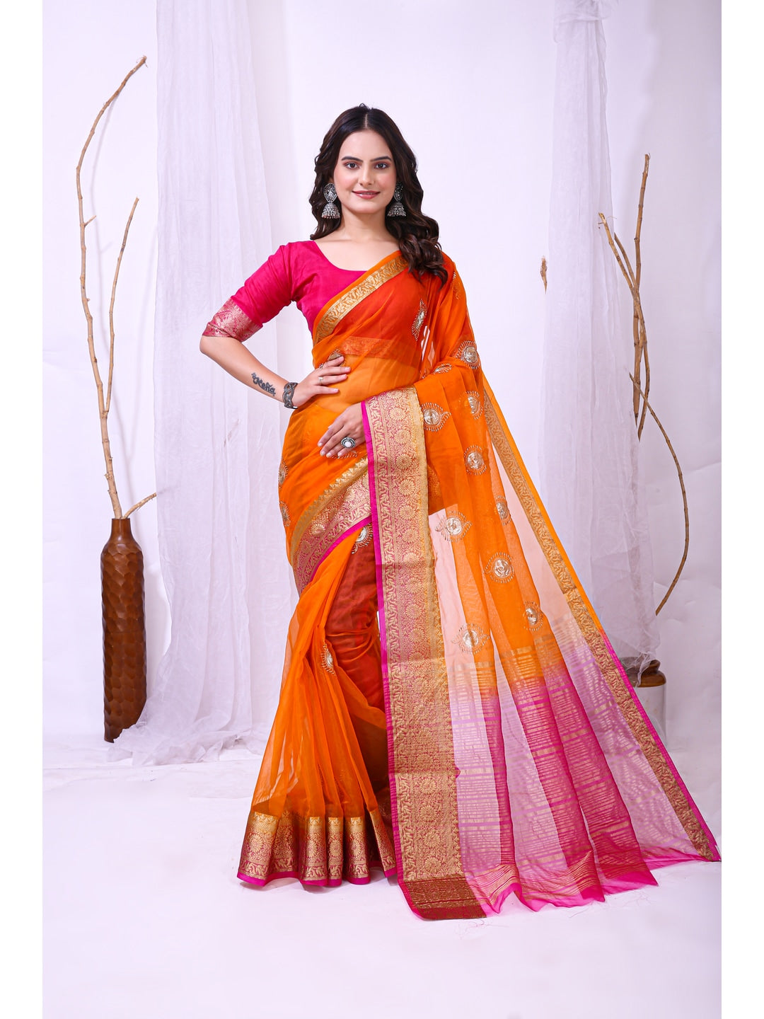 Peachmode Orange Sequins Jacquard Kanchipuram Organza Saree - Image 1