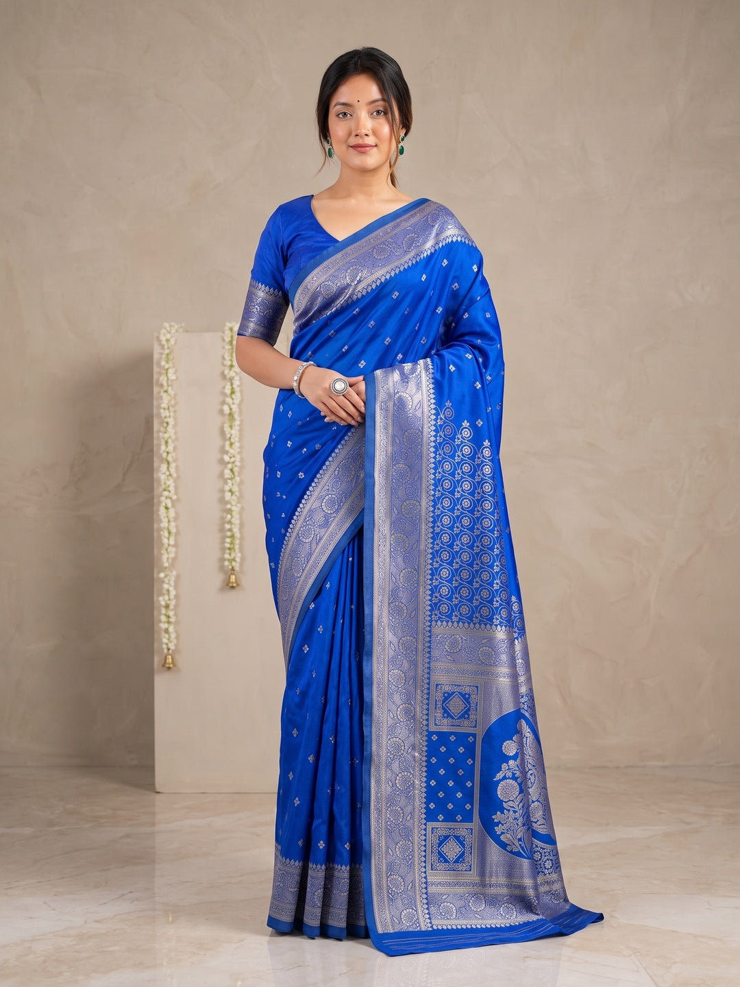 Peachmode Blue Jacquard Woven Kanchipuram Lichi Silk Saree - Image 5