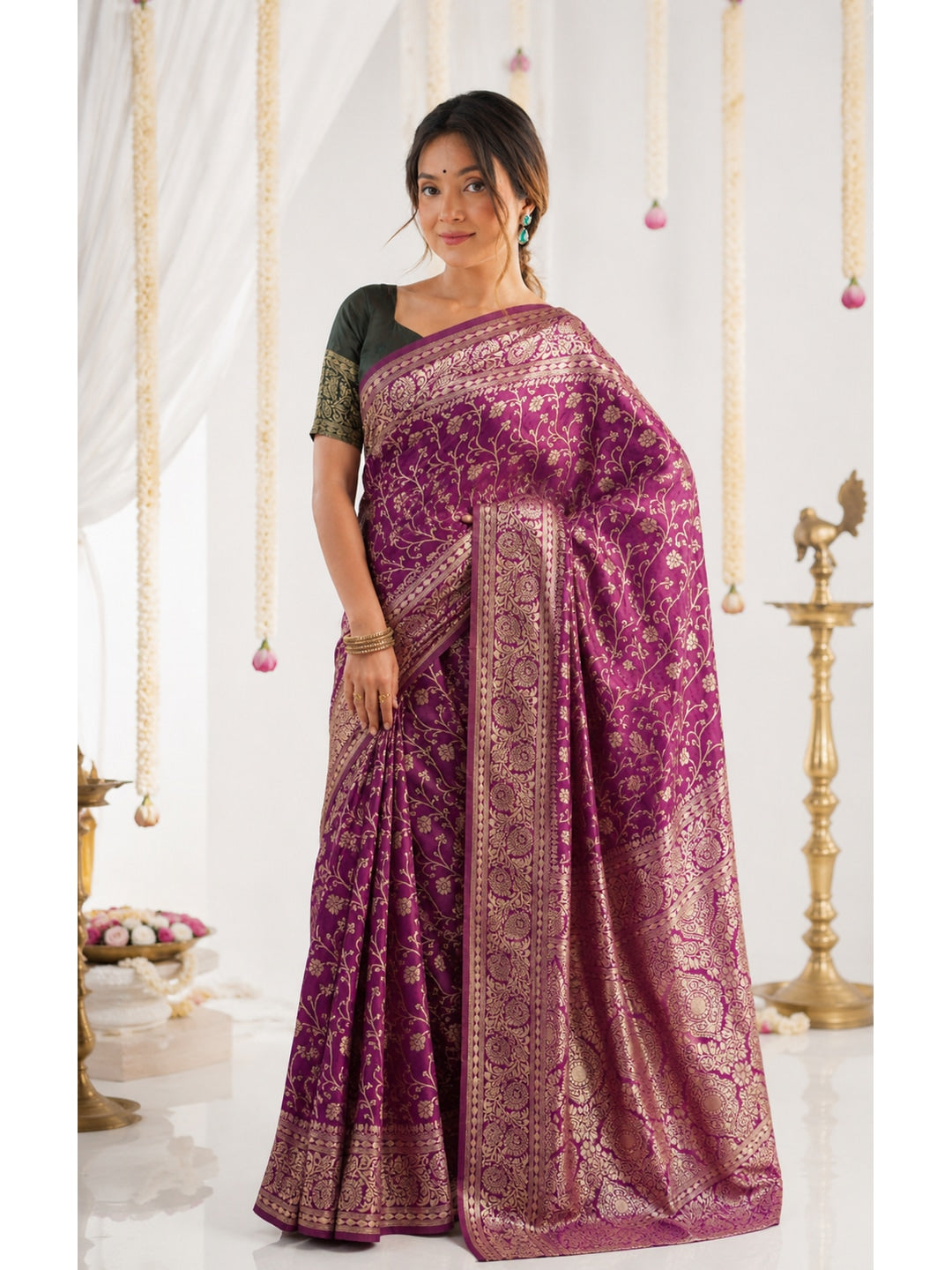 Peachmode Magenta Jacquard Woven Kanchipuram Lichi Silk Saree - Image 3
